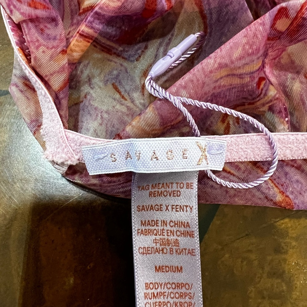 Savage X Fenty Sheer Marble Print Catsuit Bodysuit Pink Medium - Picture 8 of 8